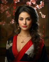 beautiful asian woman in kimono with cherry blossoms generative ai photo