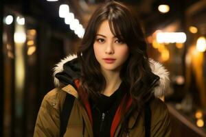 beautiful asian girl in winter jacket generative ai photo