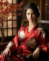 hermosa asiático mujer en rojo kimono sentado en silla generativo ai foto