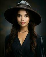 hermosa asiático mujer vistiendo un sombrero en un oscuro antecedentes generativo ai foto