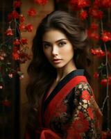 beautiful asian woman in kimono with red flowers generative ai photo