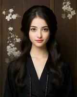 hermosa asiático mujer con largo negro pelo generativo ai foto