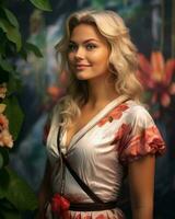 beautiful blonde woman in floral dress posing in front of plants generative ai photo