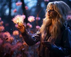 beautiful blonde woman holding a dandelion in the woods generative ai photo