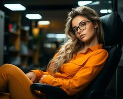 beautiful blonde woman in glasses sitting in an office chair generative ai photo