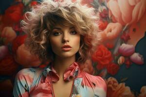 hermosa rubia mujer con Rizado pelo posando en frente de floral fondo de pantalla generativo ai foto