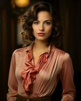 beautiful brunette woman in pink blouse and brown skirt generative ai photo