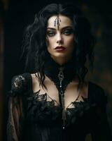 beautiful gothic woman with black hair and dark makeup generative ai photo