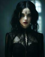 hermosa gótico mujer con oscuro pelo y oscuro maquillaje generativo ai foto