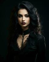 beautiful gothic woman with dark hair and red lips generative ai photo