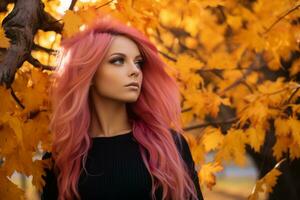 beautiful girl with pink hair in autumn leaves generative ai photo