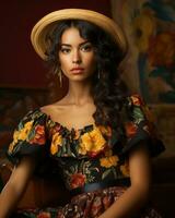 hermosa mexicano mujer en floral vestir y sombrero generativo ai foto