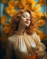beautiful red haired woman in yellow dress with flower petals around her generative ai photo
