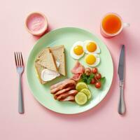 Plate with delicious breakfast on table photo