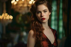 beautiful redhead woman in a red dress posing in front of a chandelier generative ai photo