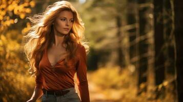 beautiful redhead woman in orange top walking in the woods generative ai photo