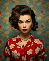 beautiful retro woman in red floral print shirt generative ai photo