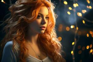 beautiful red haired woman with long hair in front of christmas lights generative ai photo