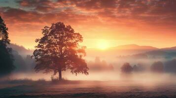 beautiful sunrise in a foggy valley with trees in the foreground and mountains in the background generative ai photo