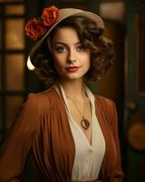 beautiful woman in brown dress and hat posing for the camera generative ai photo