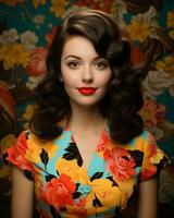 beautiful woman in floral print dress with red lipstick generative ai photo