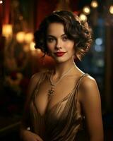 beautiful woman in gold dress posing for the camera generative ai photo