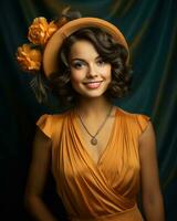 beautiful woman in orange dress and hat posing for the camera generative ai photo