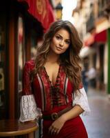 hermosa mujer en rojo vestir posando en el calle generativo ai foto