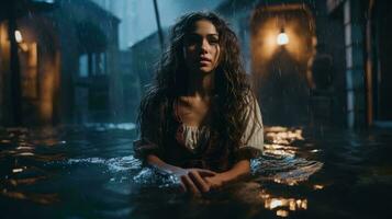 beautiful woman in the rain generative ai photo