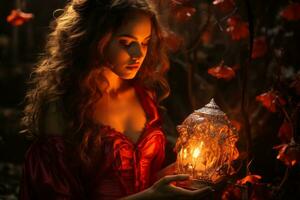 beautiful woman in red dress holding a lantern in the woods generative ai photo