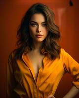 beautiful woman in yellow shirt posing against orange background generative ai photo