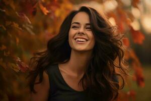 hermosa mujer sonriente en frente de otoño hojas generativo ai foto