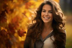 hermosa mujer sonriente en frente de otoño hojas generativo ai foto