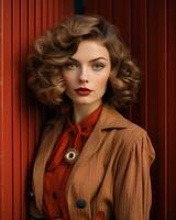 hermosa mujer con Rizado pelo y rojo vestir posando en frente de rojo pared generativo ai foto