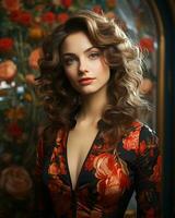 beautiful woman with curly hair in floral dress generative ai photo