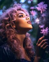 beautiful woman with long curly hair blowing dandelions in the forest generative ai photo