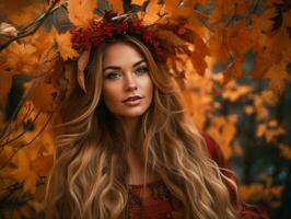 hermosa mujer con largo pelo en otoño hojas generativo ai foto