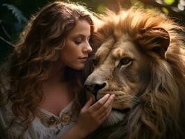 beautiful woman with long hair petting a lion generative ai photo