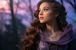 hermosa mujer con largo pelo y púrpura vestir en el bosque generativo ai foto