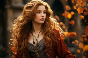 beautiful woman with long red hair in autumn generative ai photo