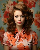 beautiful woman with red lipstick and floral dress posing in front of floral wallpaper generative ai photo