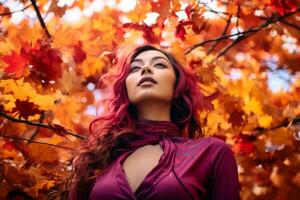 beautiful woman with red hair in autumn leaves generative ai photo