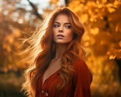 beautiful woman with red hair in autumn park generative ai photo