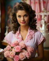 beautiful young woman holding a bouquet of pink roses generative ai photo