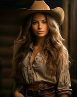 beautiful young woman in cowboy hat generative ai photo