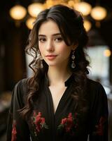 beautiful young woman in black dress and earrings generative ai photo