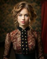 beautiful young woman in a vintage dress generative ai photo