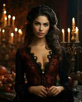 beautiful young woman in gothic dress with candles in background generative ai photo