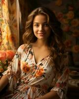 hermosa joven mujer en floral vestir sentado a mesa generativo ai foto