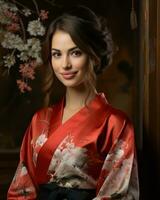 beautiful young woman in kimono posing for the camera generative ai photo